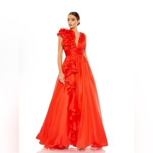 MAC DUGGAL Red Ruffle Shoulder V-Neck Chiffon Gown size 12 style # 48856